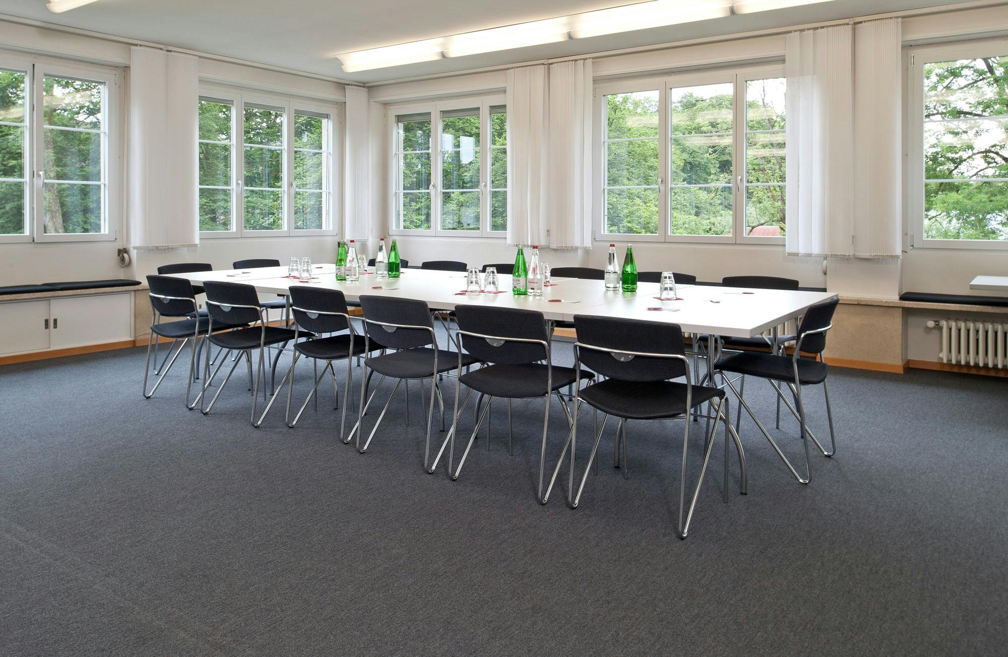 Konferenzraum mit Tischen und Stühlen, Wasserflaschen und Blick auf grüne Bäume durch Fenster.